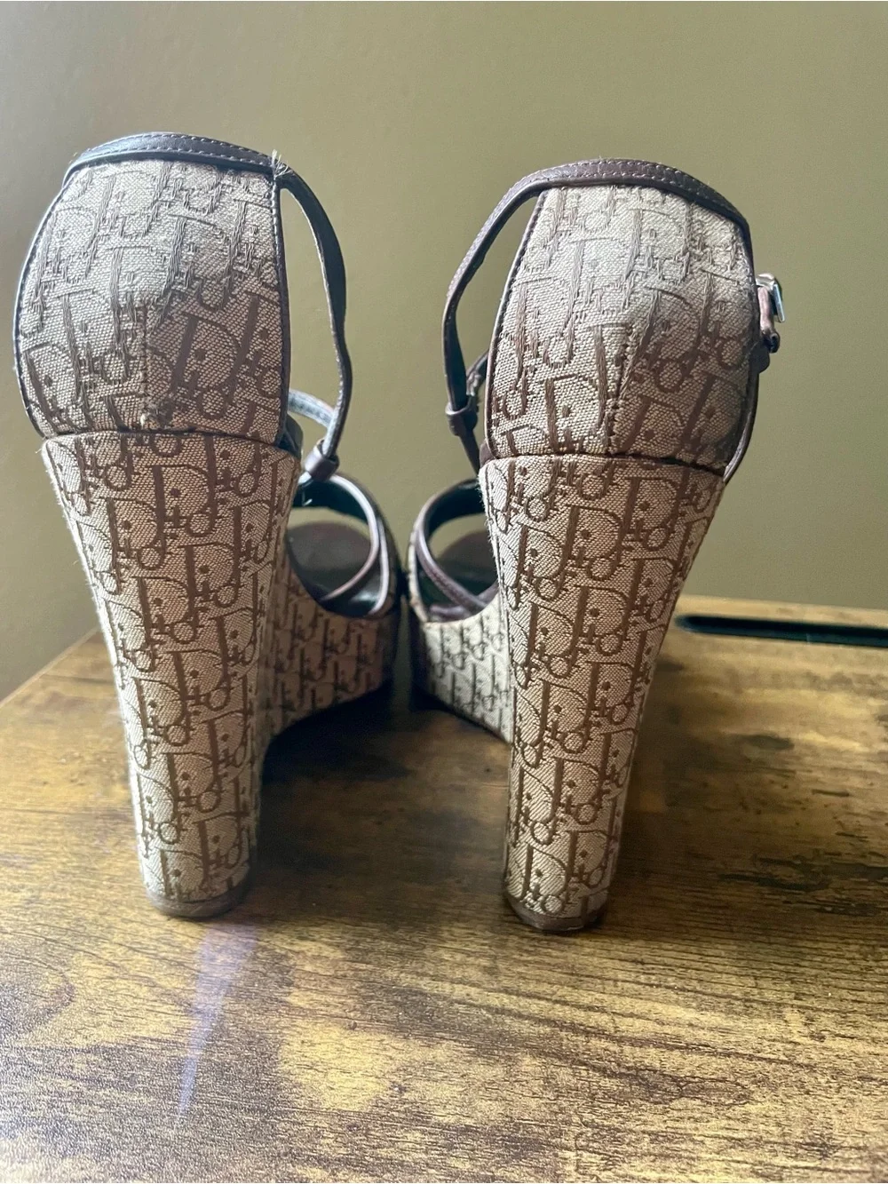 Vintage Dior Brown Monogram Canvas Wedge Sandals